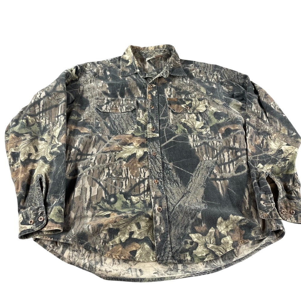 Woolrich Shirt Men XL Mossy Oak Camo Hunting Cotton Green Button Vintage Outside